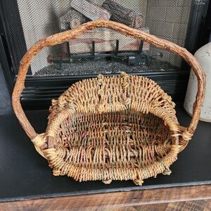 Vintage Rustic Folk Art Driftwood Handle Gathering Basket Large Woven Cottage